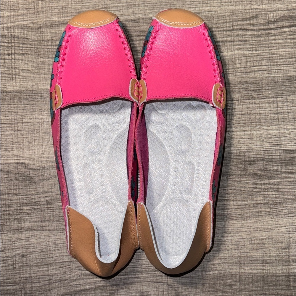 Floral Leather Loafers Women’s 9 Pink Slip On Casual Comfort Flats Artsy - Picture 5 of 9